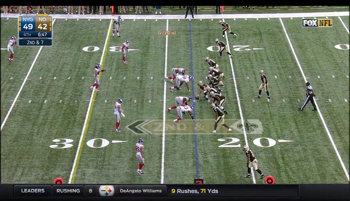A screenshot of the 2015 NFL matchup between the New Orleans Saints and the New York Giants.