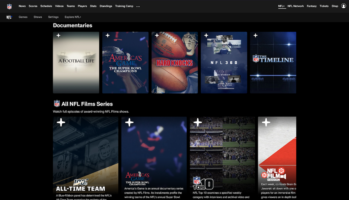 The NFL Plus Shows tab contains rows of on-demand NFL content.