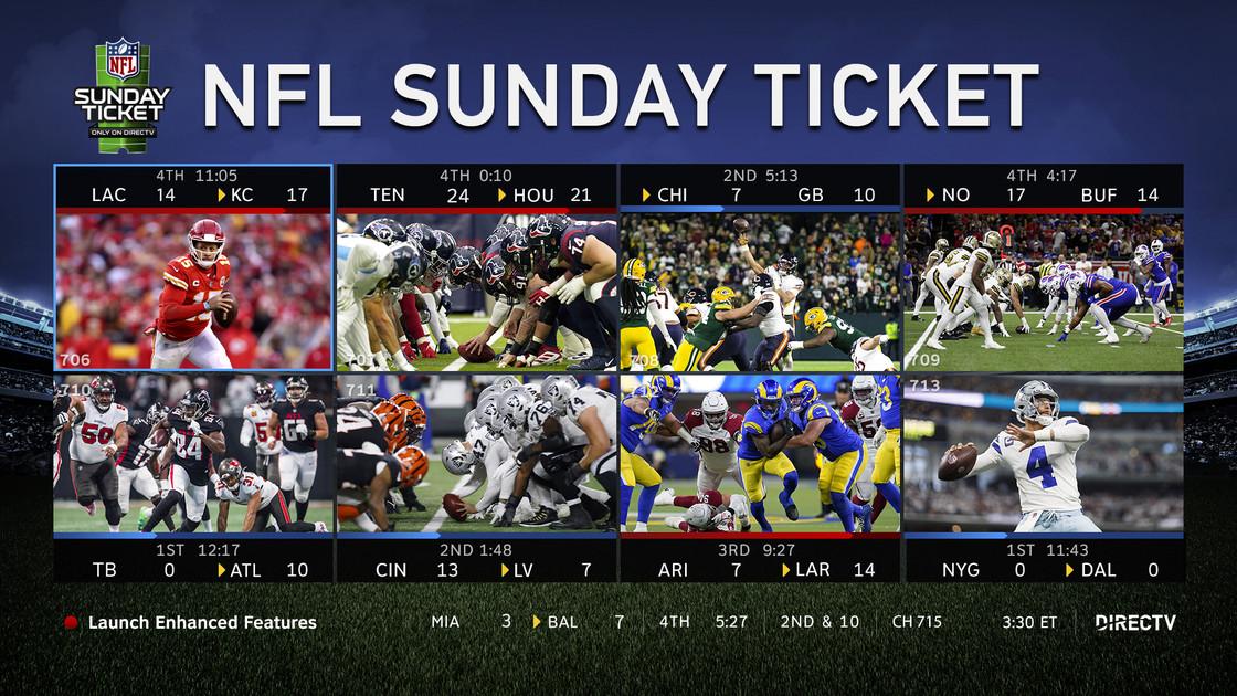 The NFL SUNDAY TICKET Game Mix channel shows eight games simultaneously.