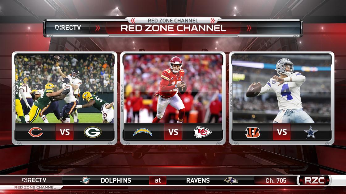 The DIRECTV RED ZONE CHANNEL shows three games with a scoreline ticker at the bottom.