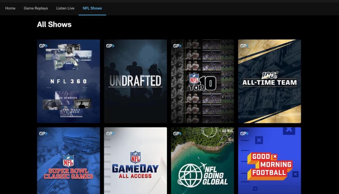 The NFL Shows tab contains rows of on-demand NFL content