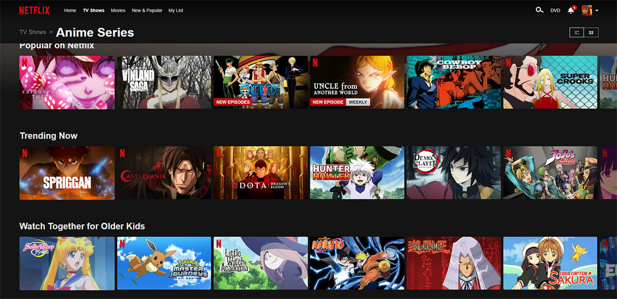 Anime home screen on Netflix