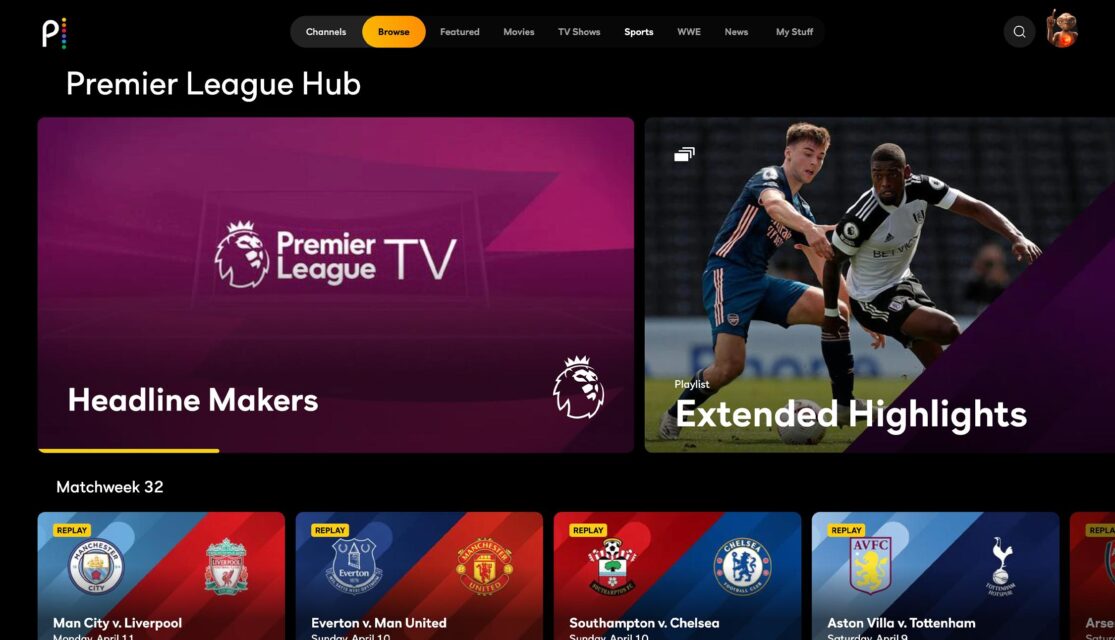 The Premier League Hub on Peacock displays rows of featured videos and full match replays.