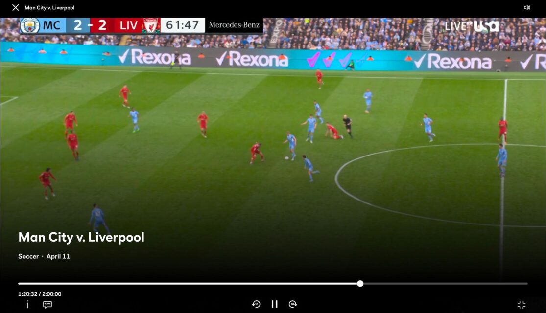 A screenshot of the Peacock media player showing a Premier League match between Manchester City and Liverpool.