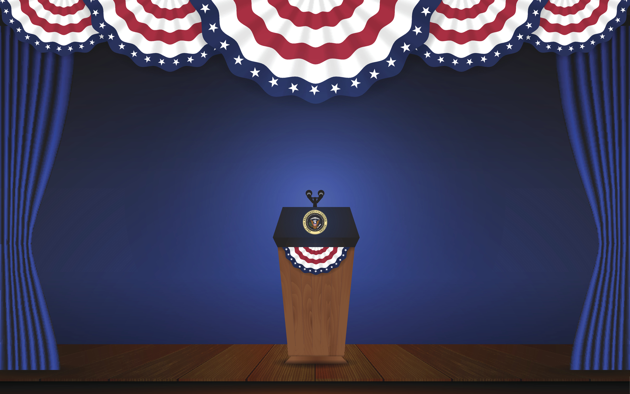 USA President podium on stage with semi-circle decorative flag on top. Open curtain stage with blue background scene. Vector illustration