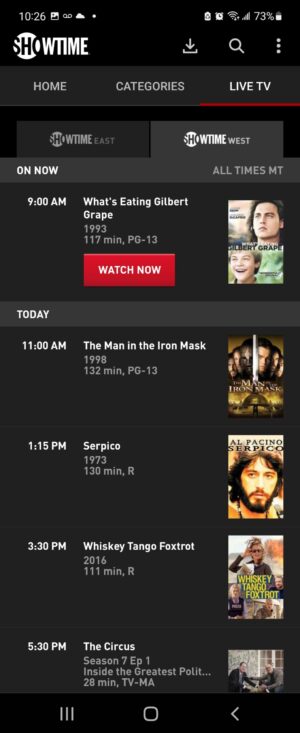 The SHOWTIME live guide as viewed on the Samsung Galaxy Z Flip3 smartphone