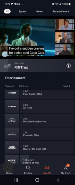 The Tubi live channel guide viewed on mobile.
