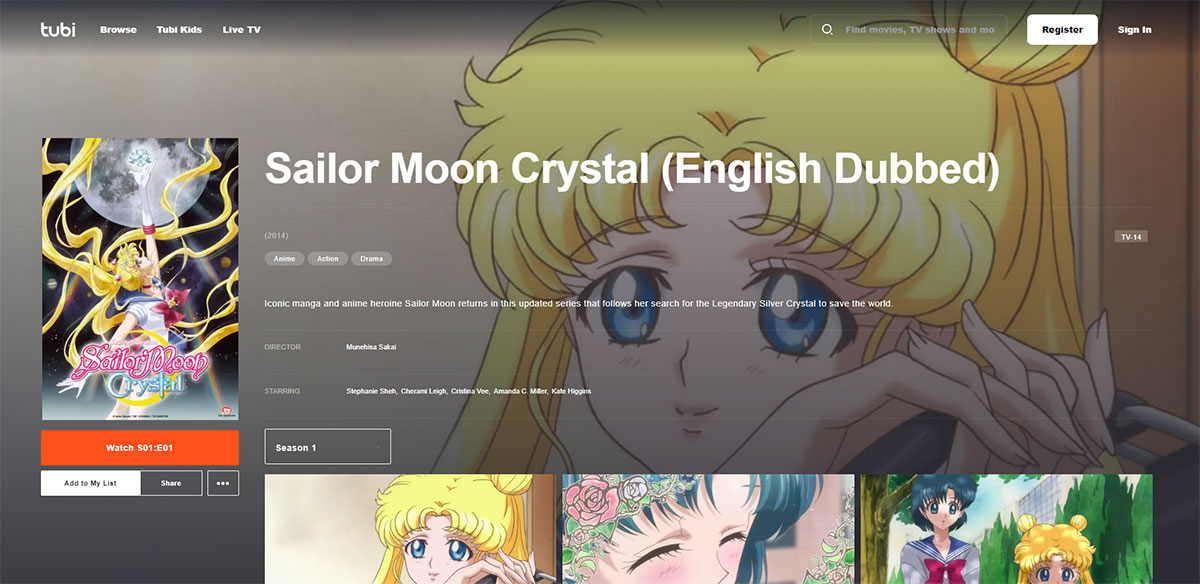 Sailor Moon Crystal page on Tubi