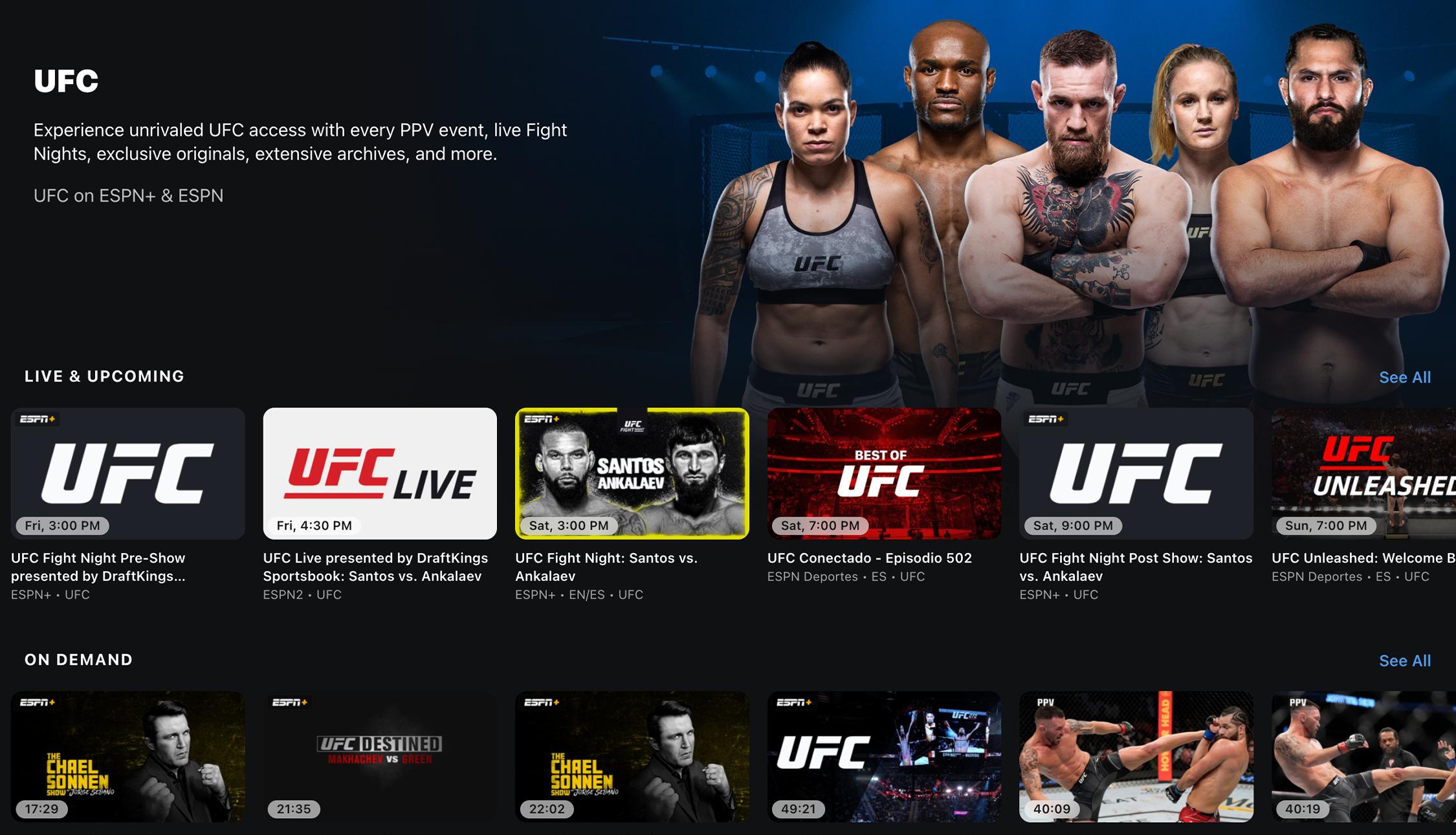 The UFC Archives page on ESPN Plus displays rows of live and upcoming matches.