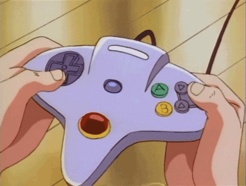 A cartoon character playing with a video game controller.