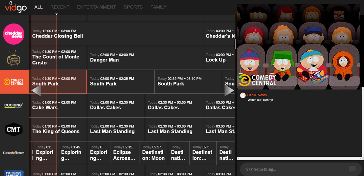 A screenshot of the Vidgo channel guide.