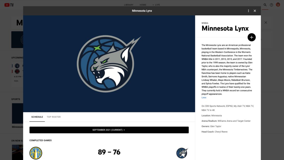 The Minnesota Lynx’s team page on YouTube TV.