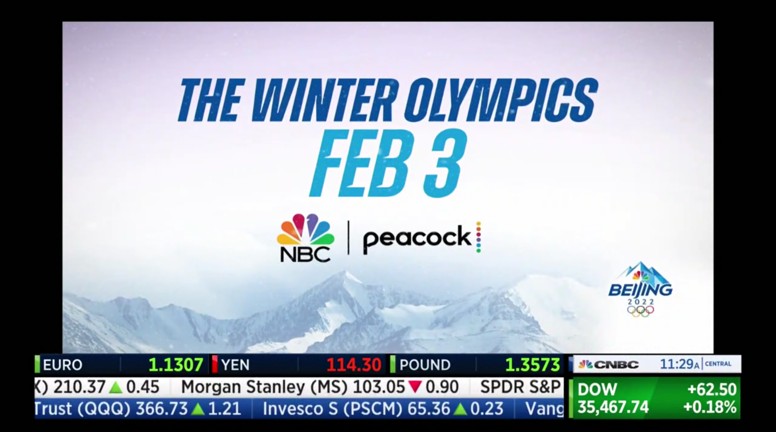 An advertisement for the 2022 Winter Olympics airs on CNBC, with the channel’s financial lower thirds visible below the ad.