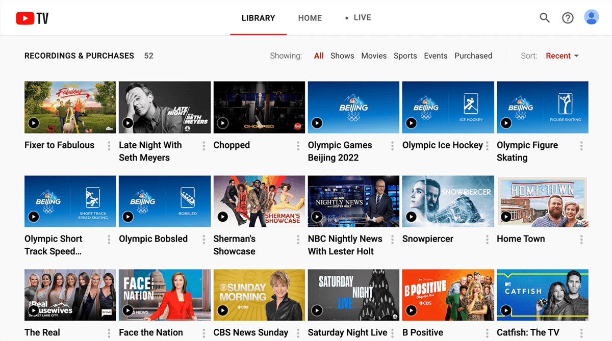The Library screen on YouTube TV displays a grid of recordings and purchases.