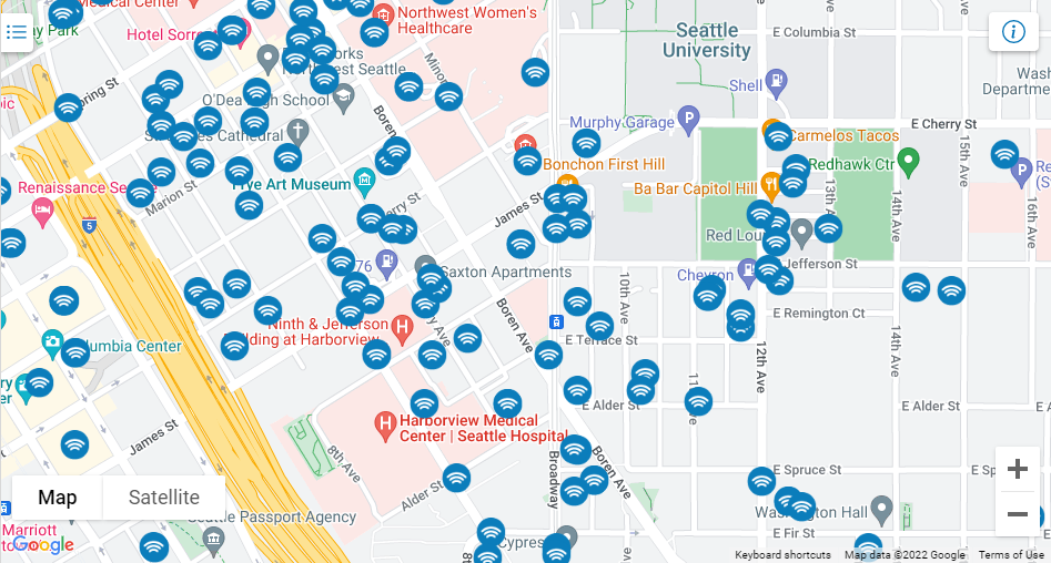 A map of hotspots in downtown Seattle, powered by Google.