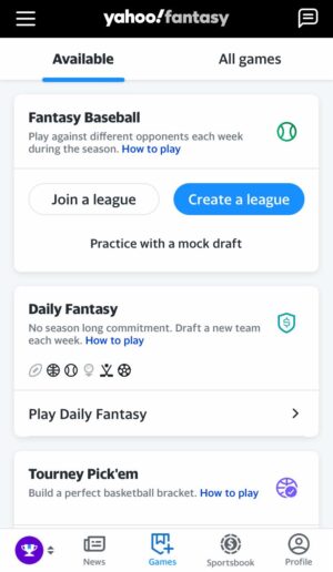 The Games tab within the Yahoo Fantasy Sports app displays Fantasy Baseball and Daily Fantasy game options.