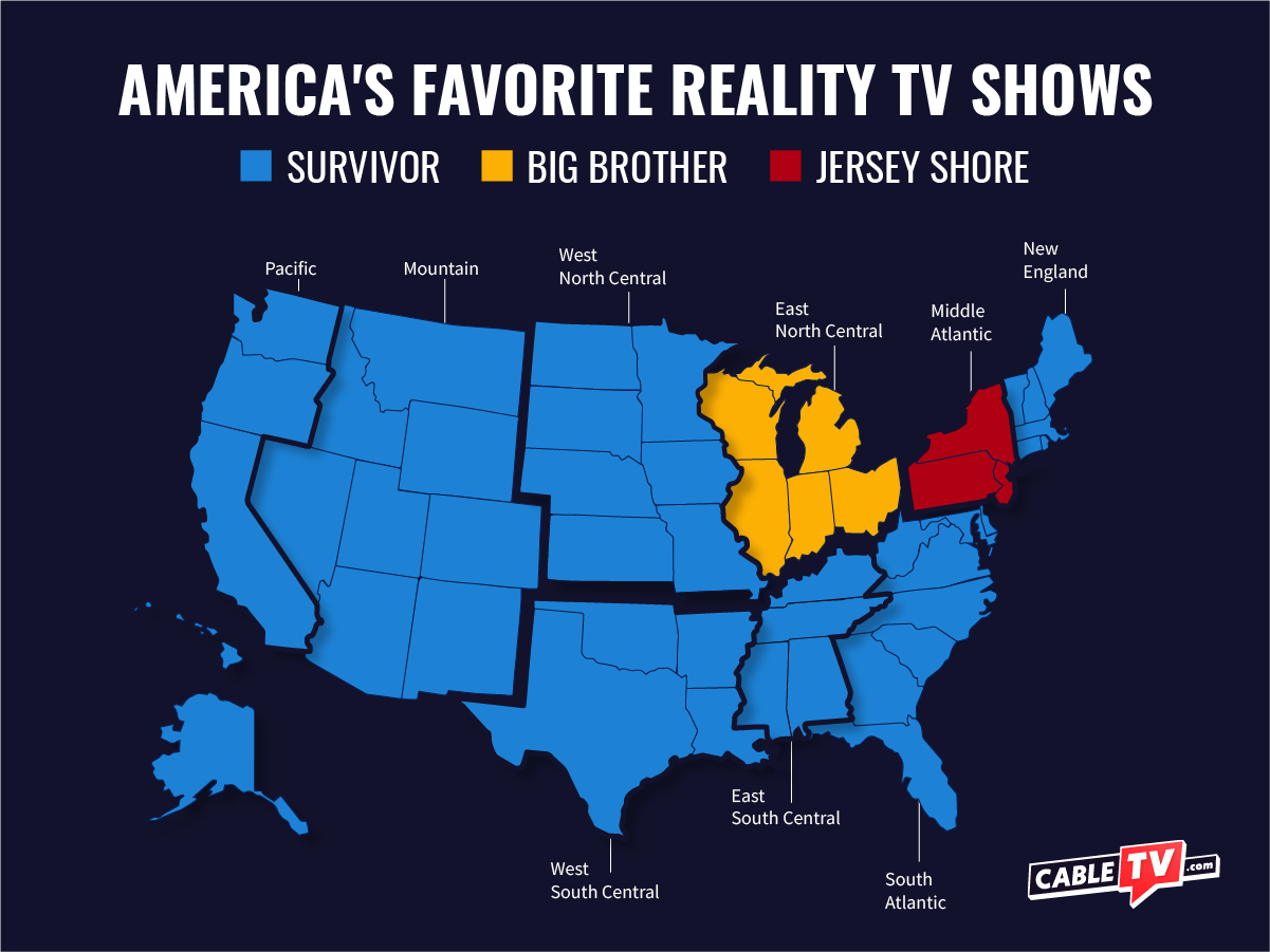 Map of favorite reality show by region, see following table for results