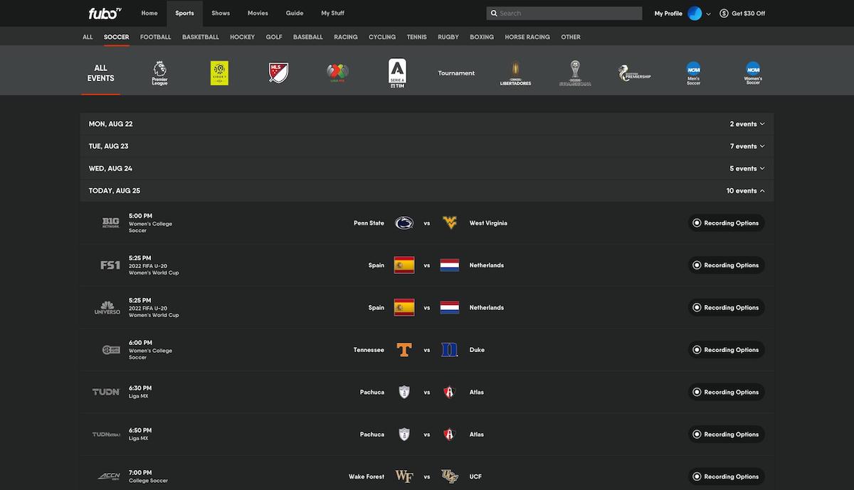 The fuboTV Soccer page displays a weekly view of soccer games available to watch, including start times and channel listings.