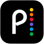The Peacock app icon. A white letter P and a row of rainbow-colored dots.