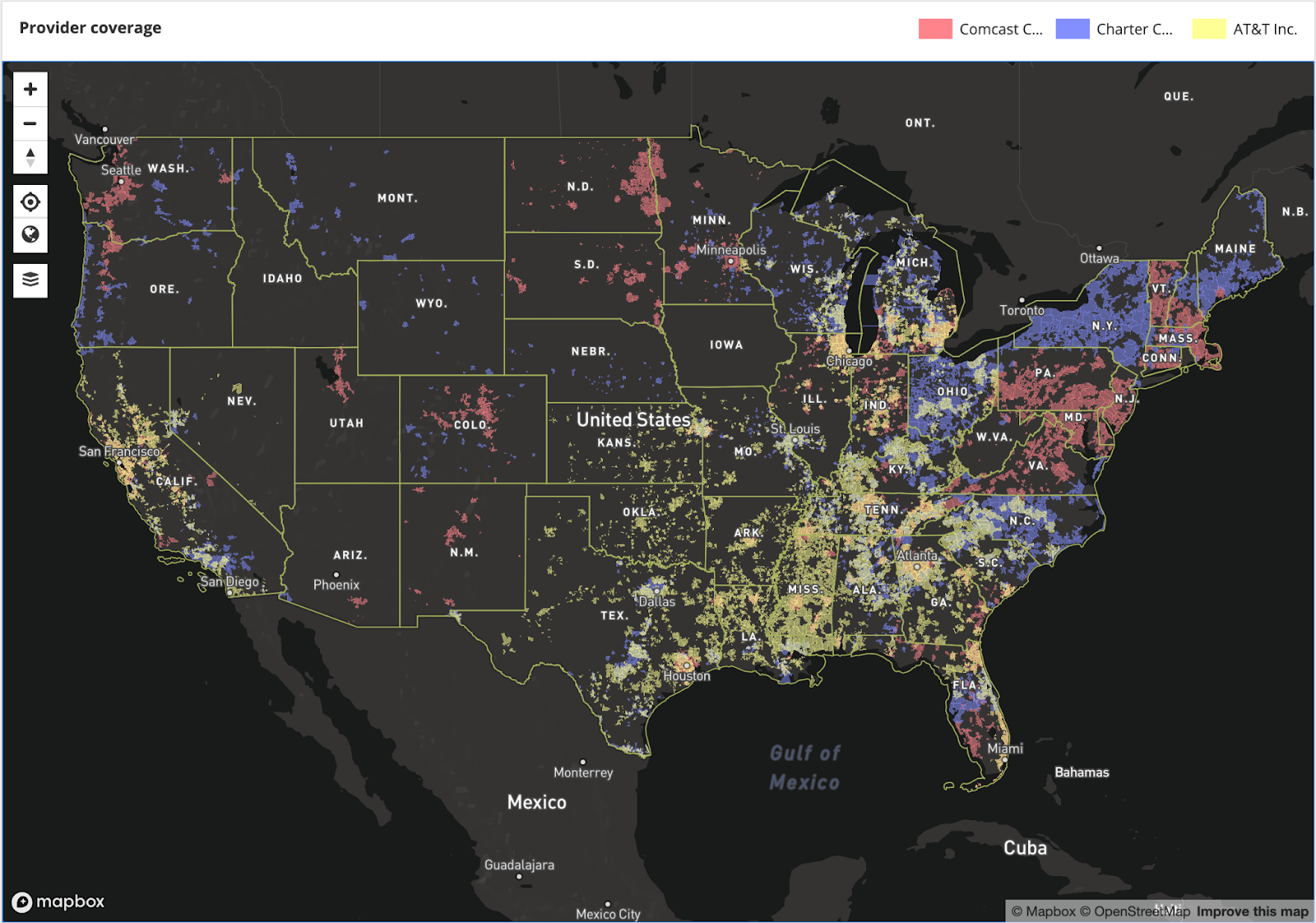 Screenshot of FCC map of internet provider coverage in the USA.