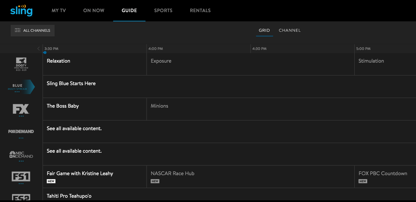 sling tv channel guide showing channels and times