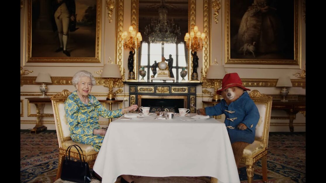 Screengrab from the Platinum Jubilee skit with Queen Elizabeth II and Paddington.