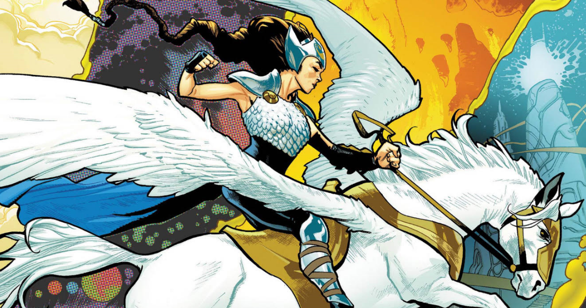 Jane Foster, a brunette woman in Asgardian Valkyrie armor, ride a white flying horse. This is taken from the cover of Jane Foster: Valkyrie # 3.