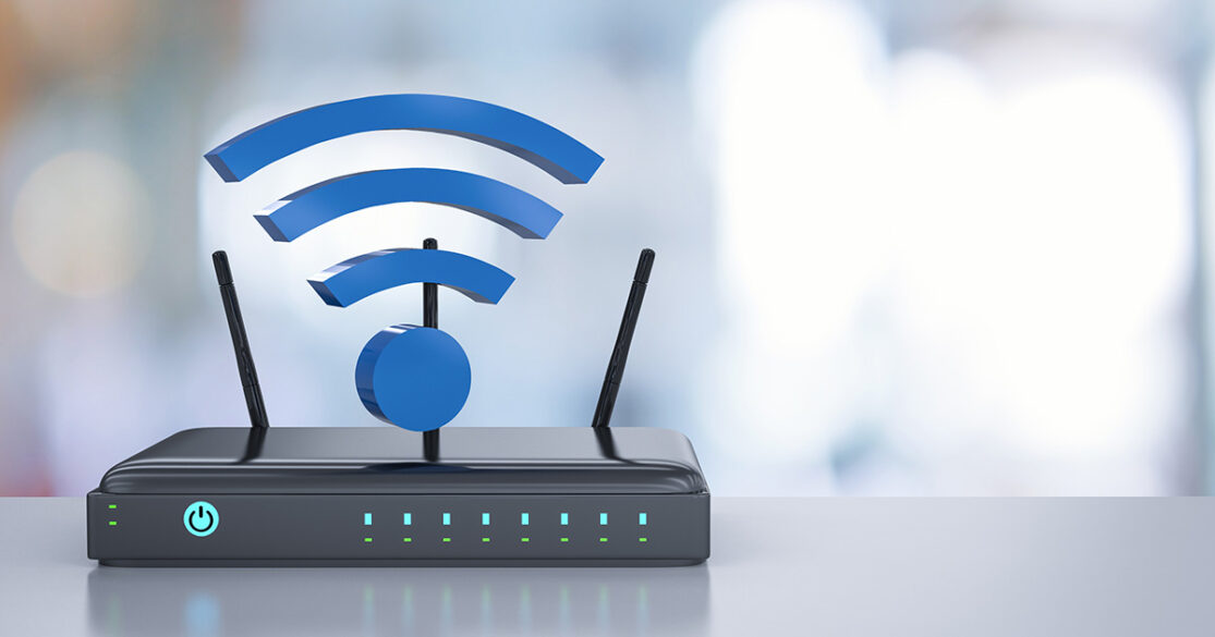 Router with a WiFi symbol floating above it