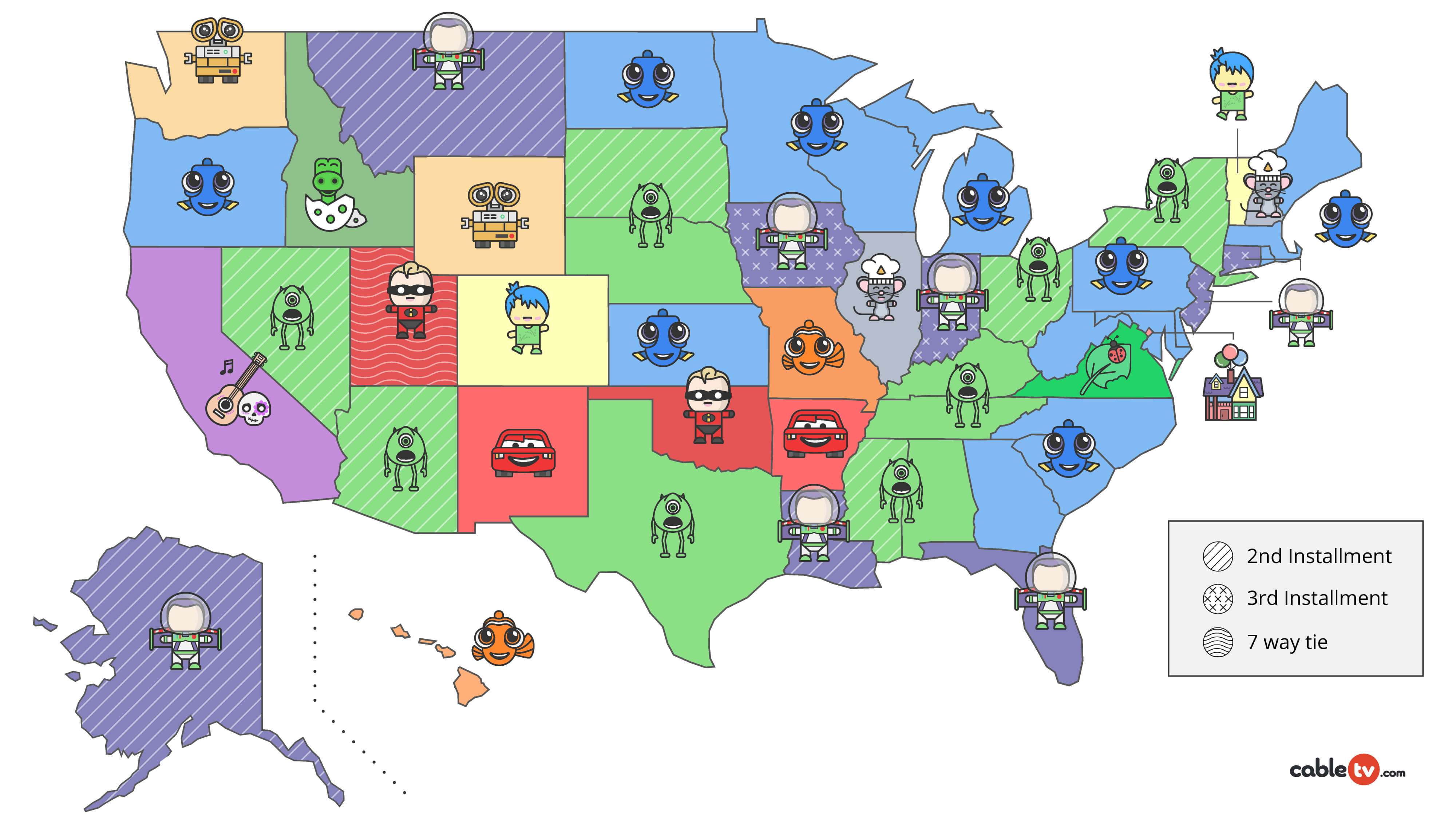 Map of The United States of America with icons on each state of that state's favorite Pixar movie.